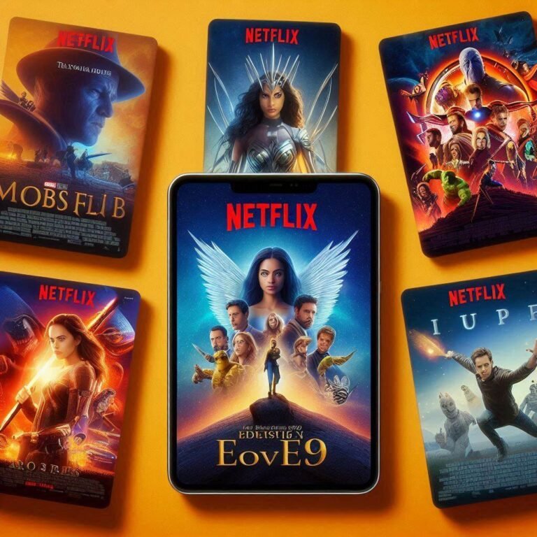 Moviesflix logo and movie streaming interface showcasing diverse genres and popular films.