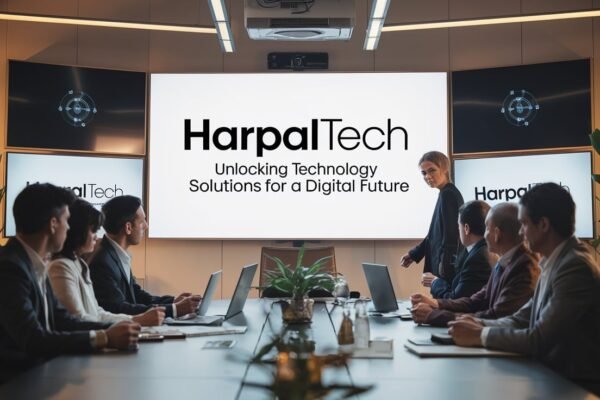 "Harpaltech logo with futuristic digital elements representing innovation and technology solutions for the digital future"