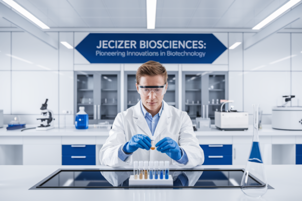 Jecizer Biosciences logo with innovative biotechnology elements and sustainable industry themes.