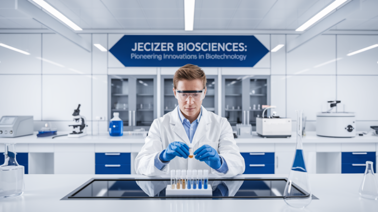 Jecizer Biosciences logo with innovative biotechnology elements and sustainable industry themes.