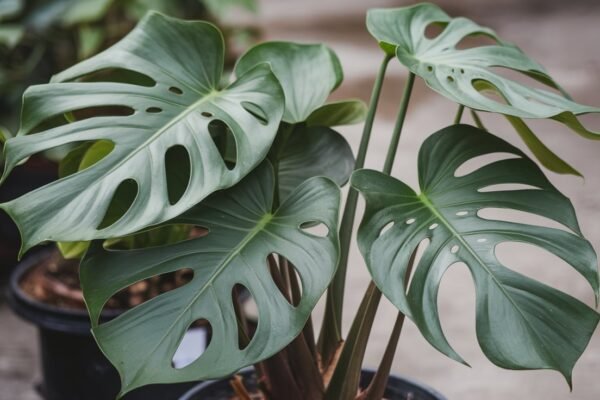 Close-up of a Monstera Borsigiana plant with vibrant green leaves, showcasing its unique split-leaf pattern and tropical beauty.