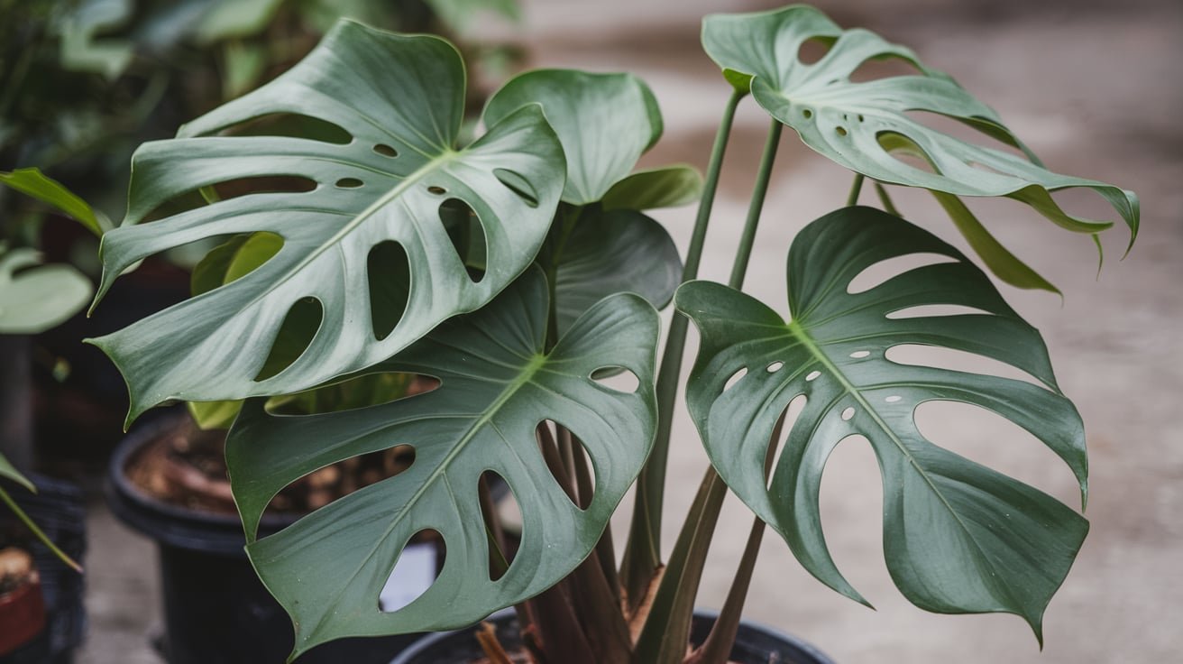 Close-up of a Monstera Borsigiana plant with vibrant green leaves, showcasing its unique split-leaf pattern and tropical beauty.