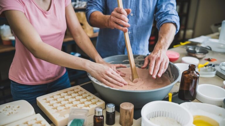 "A collection of handmade soaps in vibrant colors, showcasing natural textures and ingredients, representing the art of soap making."