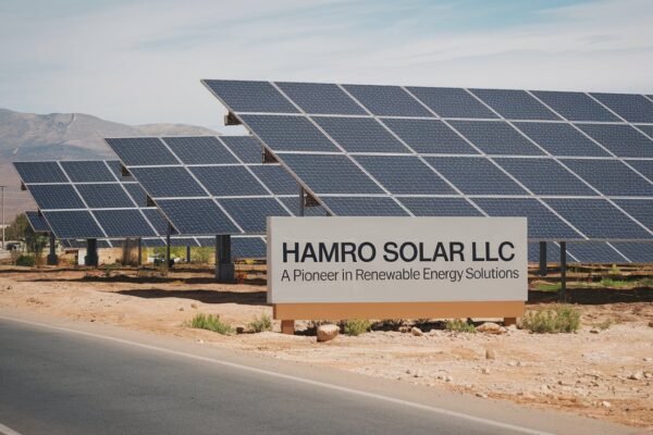 Hamro Solar LLC logo and innovative solar panel installation promoting sustainable energy solutions.