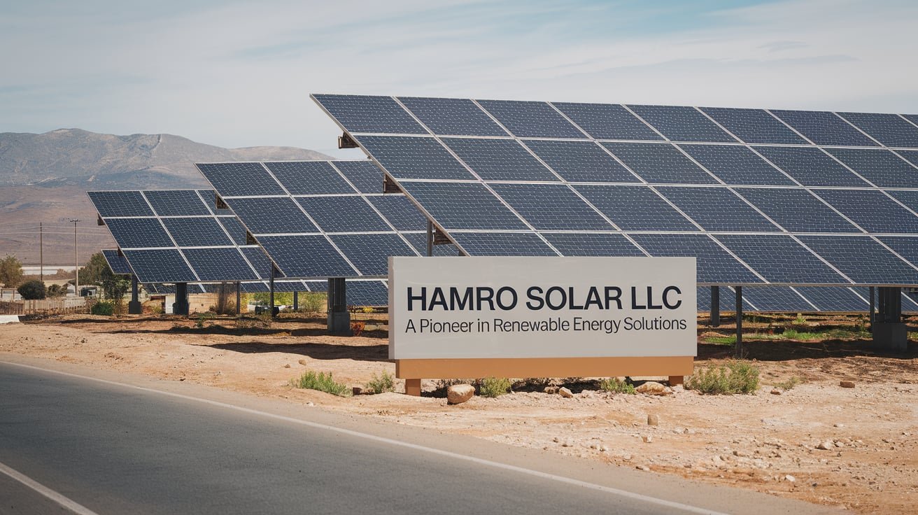 Hamro Solar LLC logo and innovative solar panel installation promoting sustainable energy solutions.