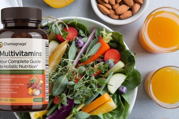 Chamagnaga Multivitamins bottle with vibrant fruits and vegetables representing holistic nutrition