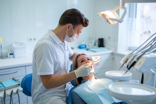 High-quality and affordable dental care services in Denmark, showcasing a modern clinic and a smiling patient receiving treatment.