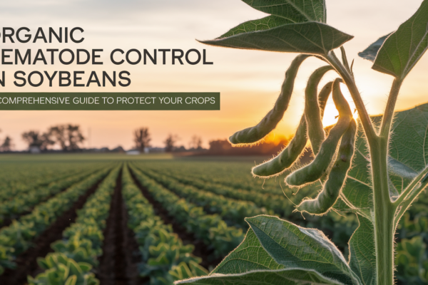 "Organic soybean field with healthy plants, showcasing sustainable nematode control methods."